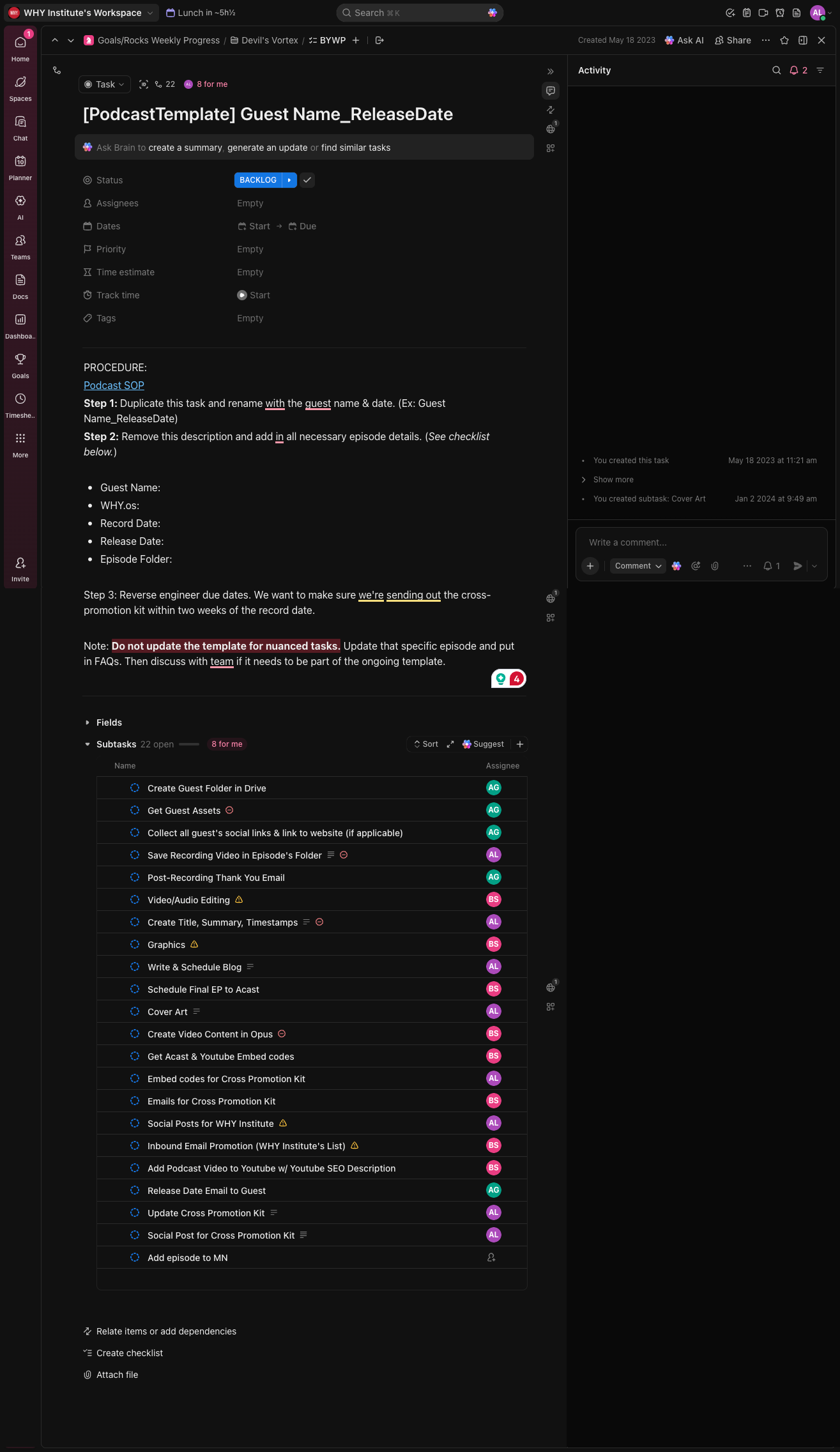 ClickUp episode task template showing all 22 pre-assigned subtasks